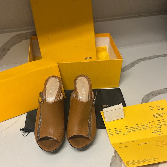 Fendi Tan Leather Open-Toe Mules - Picture 1 of 5
